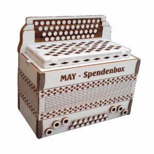 MAY-Spendenbox als Holzakkordeon